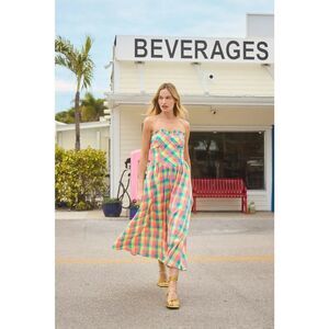 HUNTER BELL Strapless Plaid Midi Dress in Pink, Green & Yellow